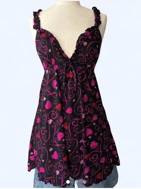 smart & sexy Black Pink & Red Heart Print Babydoll Chemise
